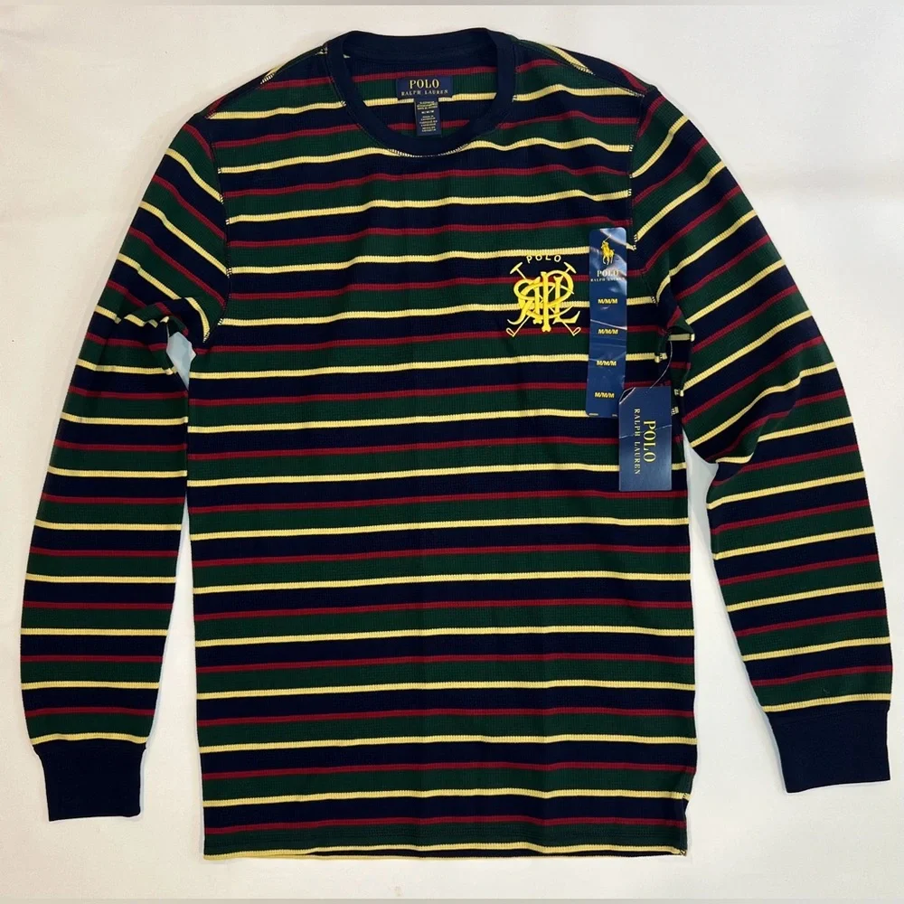 NWT POLO RALPH LAUREN Sleepwear‎ Waffle Knit Crew Neck Logo Embroidered Striped